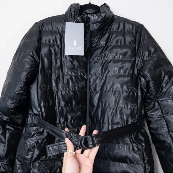 NWT RAINS Trekker W Coat XS/S Shiny Black Insulated Belted Waterproof Long - Picture 6 of 13